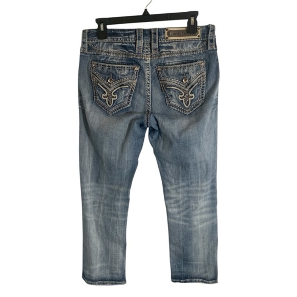 Rock Revival Hettie Crop Blue Jeans with Embroidered Back Pockets Ladies Sz 27